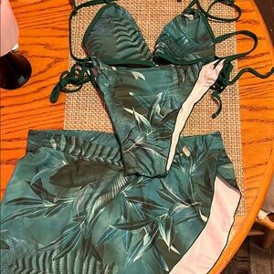 Tropical Green Bikini Set with Skirt
